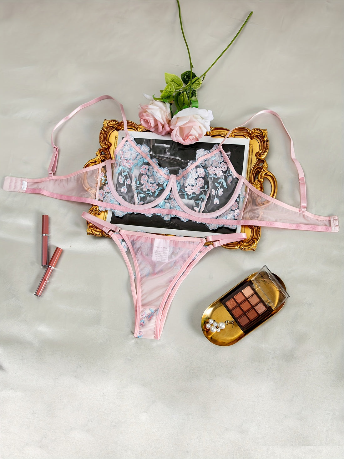 Sexy Lingerie Set, Floral Embroidery Mesh Cami Bra & Panties,/MH