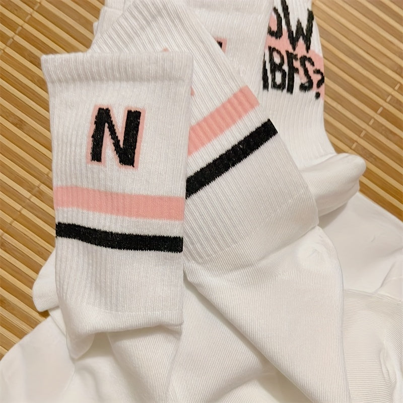 7 Pairs Letter Striped Socks, Comfy & Breathable All-match Socks, Women's Stockings & Hosiery
