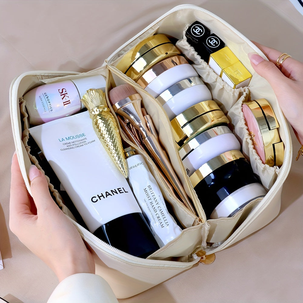 Travel Large Capacity Cosmetic Bag For Women, Portable Makeup Bag Pouch Open Flat Toiletry Bag, Make Up Organizer With Divider And Handle