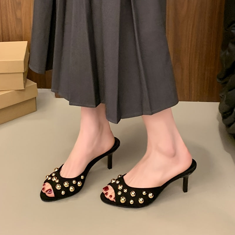 Women'S Elegant Open-Toe Stiletto Heel Sandals with Sparkling Back Strap - Black Synthetic Cover Slip-On Pumps for Summer, Casual & Formal Outfits, High Heel Sandals, Stylish Streetwear Footwear, Comfortable Insole Fabric