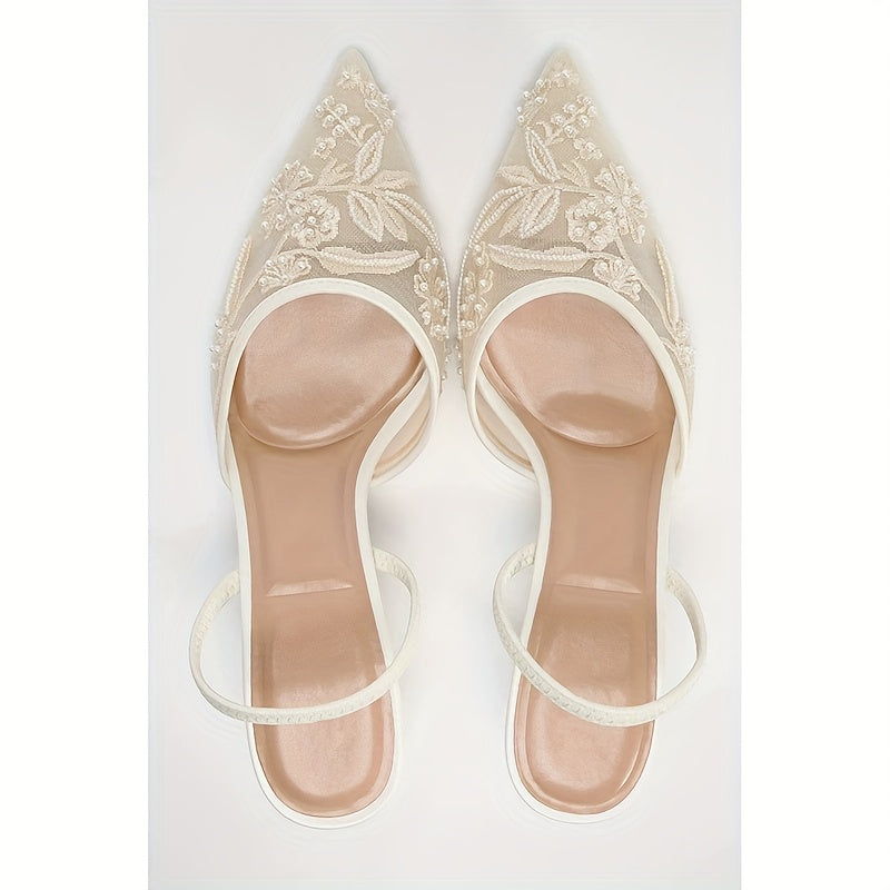 ZA2025 Women's Elegant Summer Mule Sandals - Champagne Embroidered Mesh Cap Toe, Stiletto High Heel, PU Cover Upper & Rubber Sole, Full Coverage Ankle Support for Weddings, Parties, Formal Events, Wedding Shoes, Wedding Guest