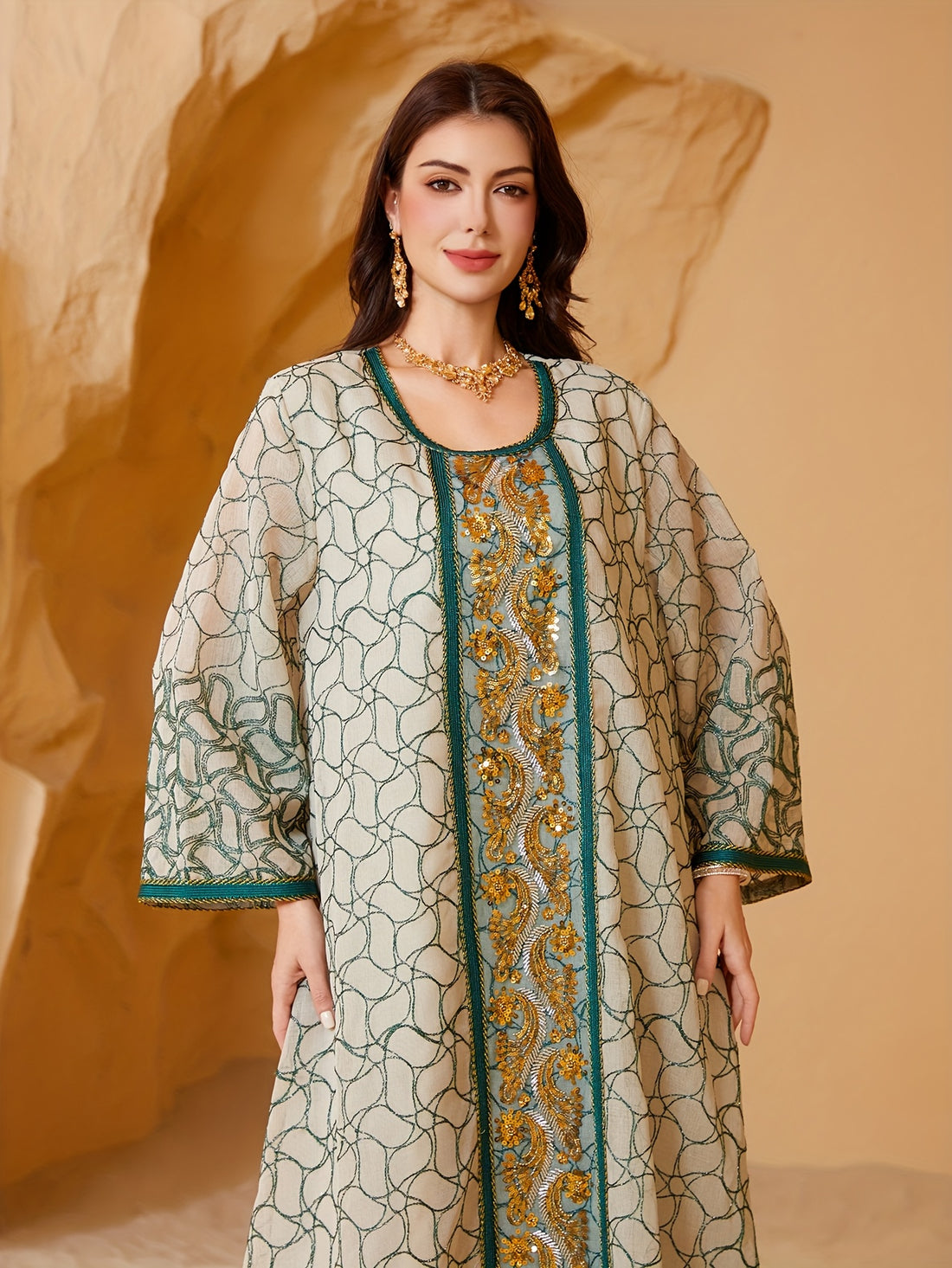 Elegant Middle Eastern Style Jalabiya Dress for Women - Lightweight Geometric Pattern with Golden Embroidery, Long Sleeve, Round Neck, Perfect for Festive Occasions, Festive Attire|Elegant Embroidery|Lightweight Fabric