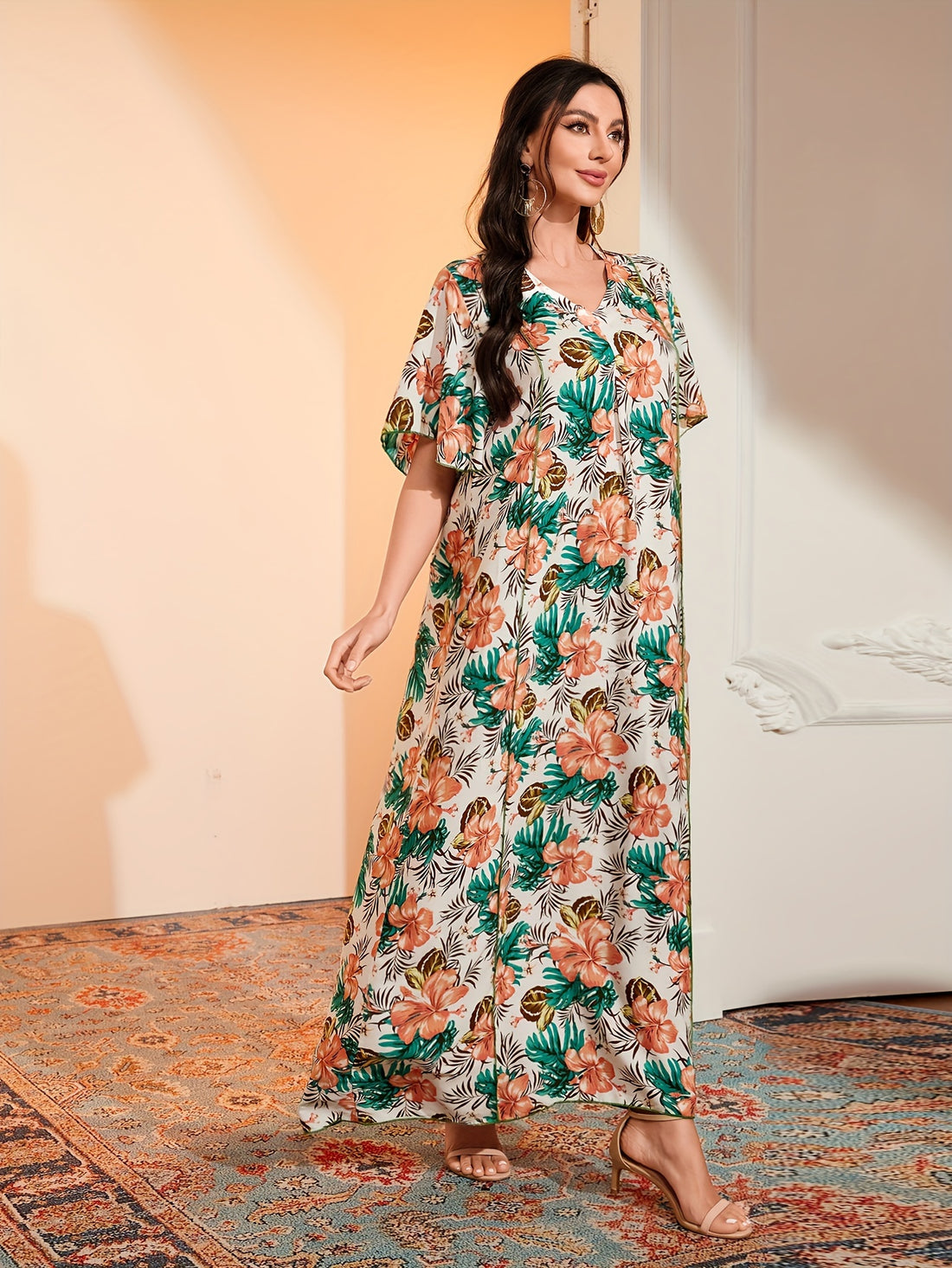 Ramadan Floral Print V Neck Kaftan, Elegant Ruffle Sleeve Dress,/MH