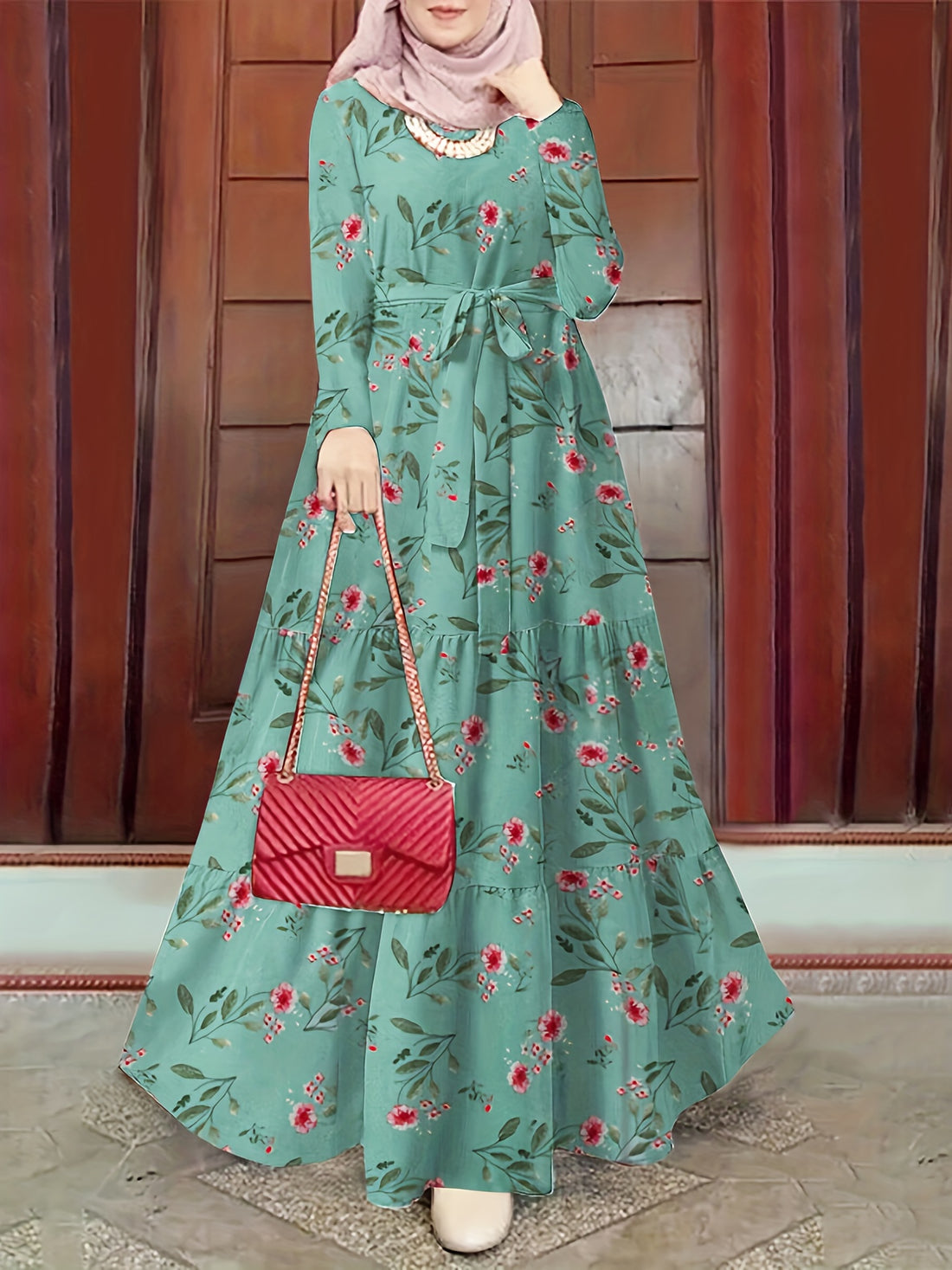 2023 New Women's Elegant Middle Eastern Abaya - Black Floral Print with Red Flowers, Long Sleeve Lace-Up Modest Dress, Machine Washable for Spring Summer Fall, Abaya Dress Fancy, Comfortable Modestwear, No Stretch Fabric, Mus