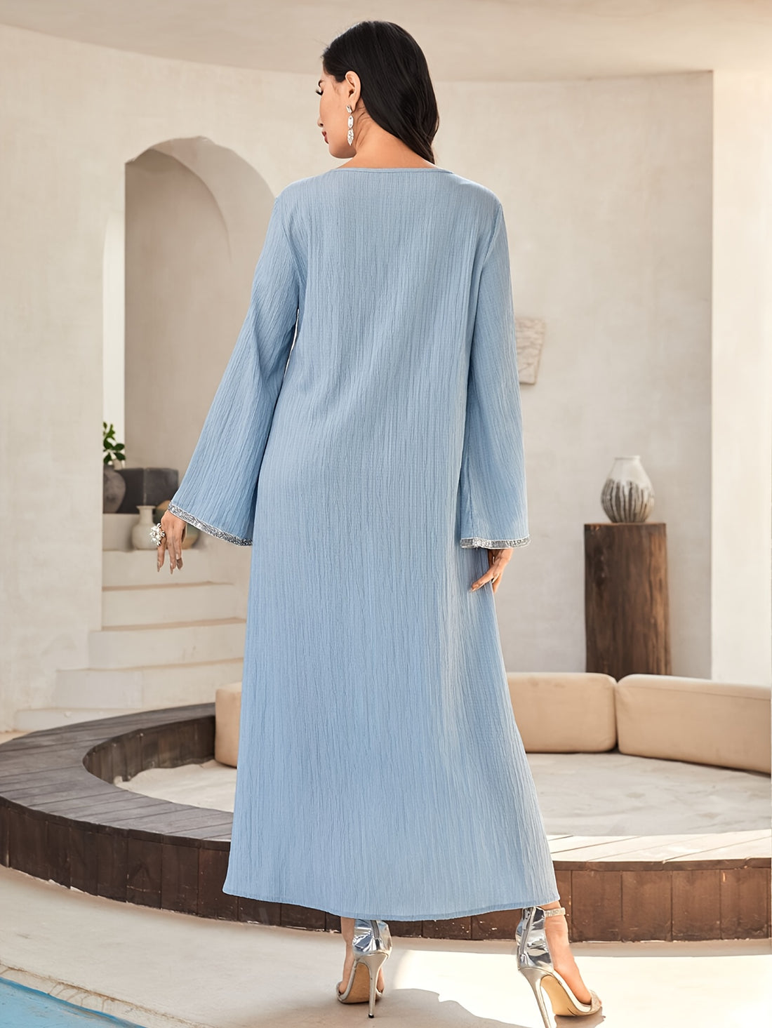 Contrast Trim Crew Neck Kaftan Dress, /MH
