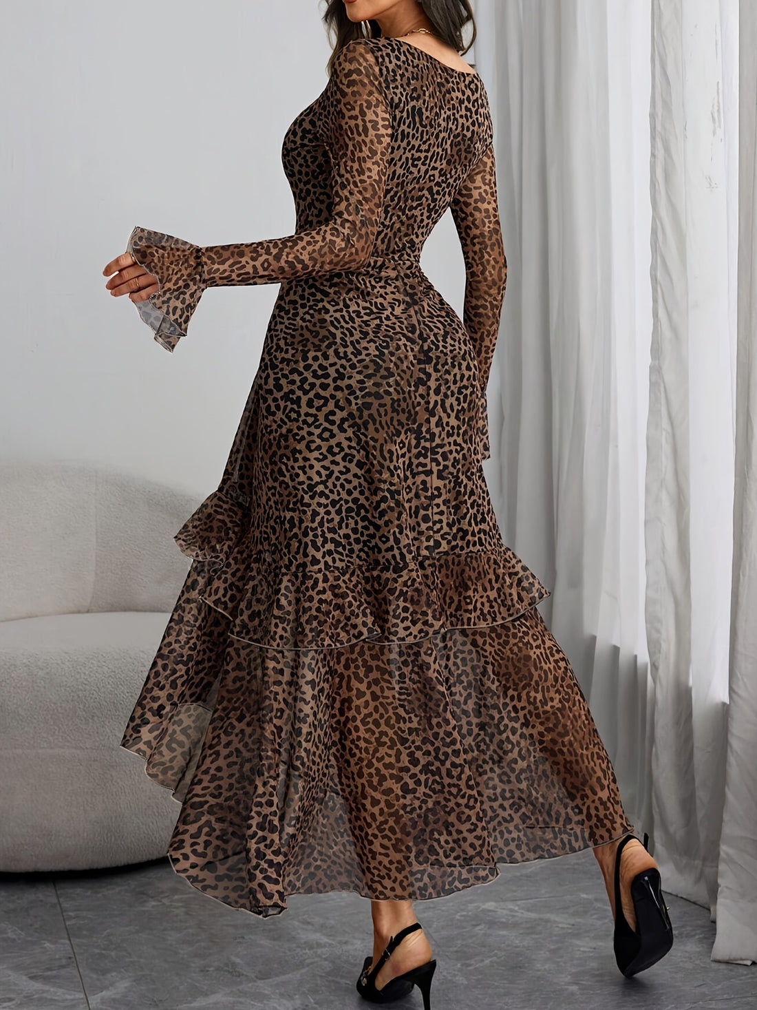 Women's Leopard Print Square Neck Long Dress with Ultra-Long Flared Sleeves & Side Slit - Bodycon Silhouette, Machine Washable, All-Season Formal & Casual Wear WJ419, Evening Gown, Fitted Silhouette, Stretchy Fabric, Stylish