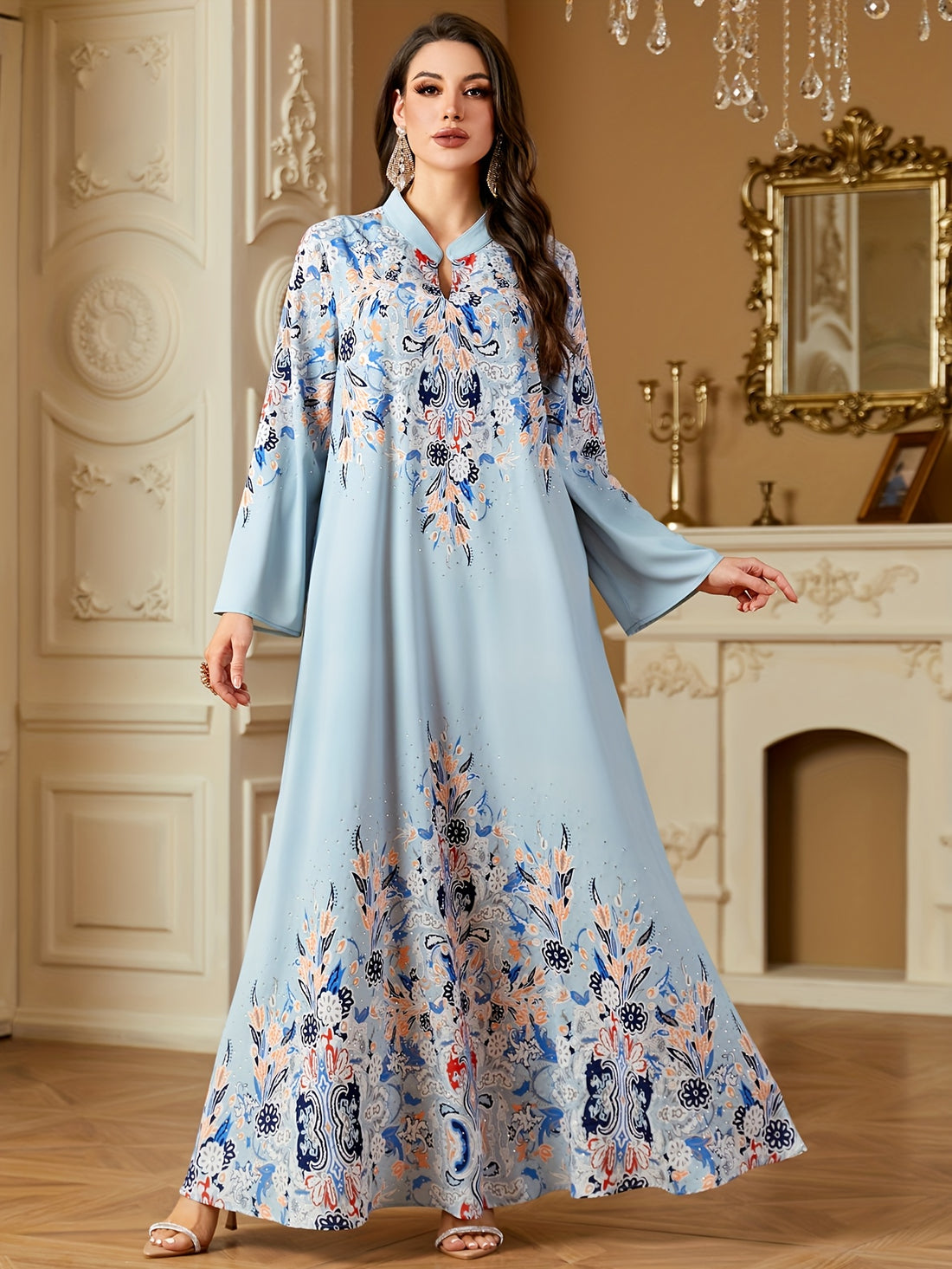 [Pearl A-Line Dress] Cute A-Line Long Sleeve Dress | Print, Pearl Details, Stand Collar, Machine Washable, All-Season Wear
