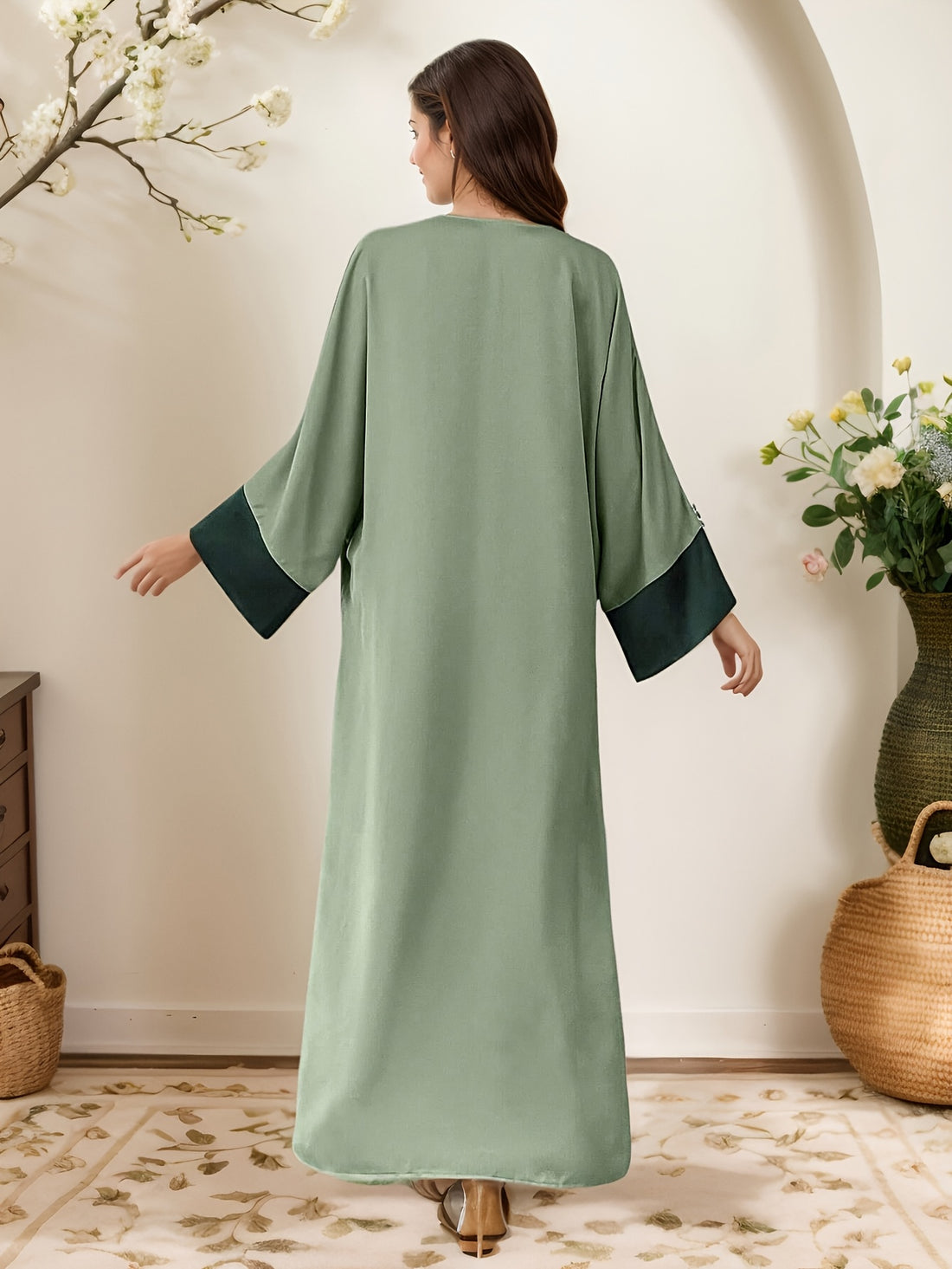Women's Ramadan Abaya - Elegant Islamic Dress with V-Neck Button Front, Flowing Long Sleeves, Machine Washable Middle Eastern Gown for Ramadan, Weddings, Everyday Modest Clothing - Formal & Casual Outfits, Muslim Dress