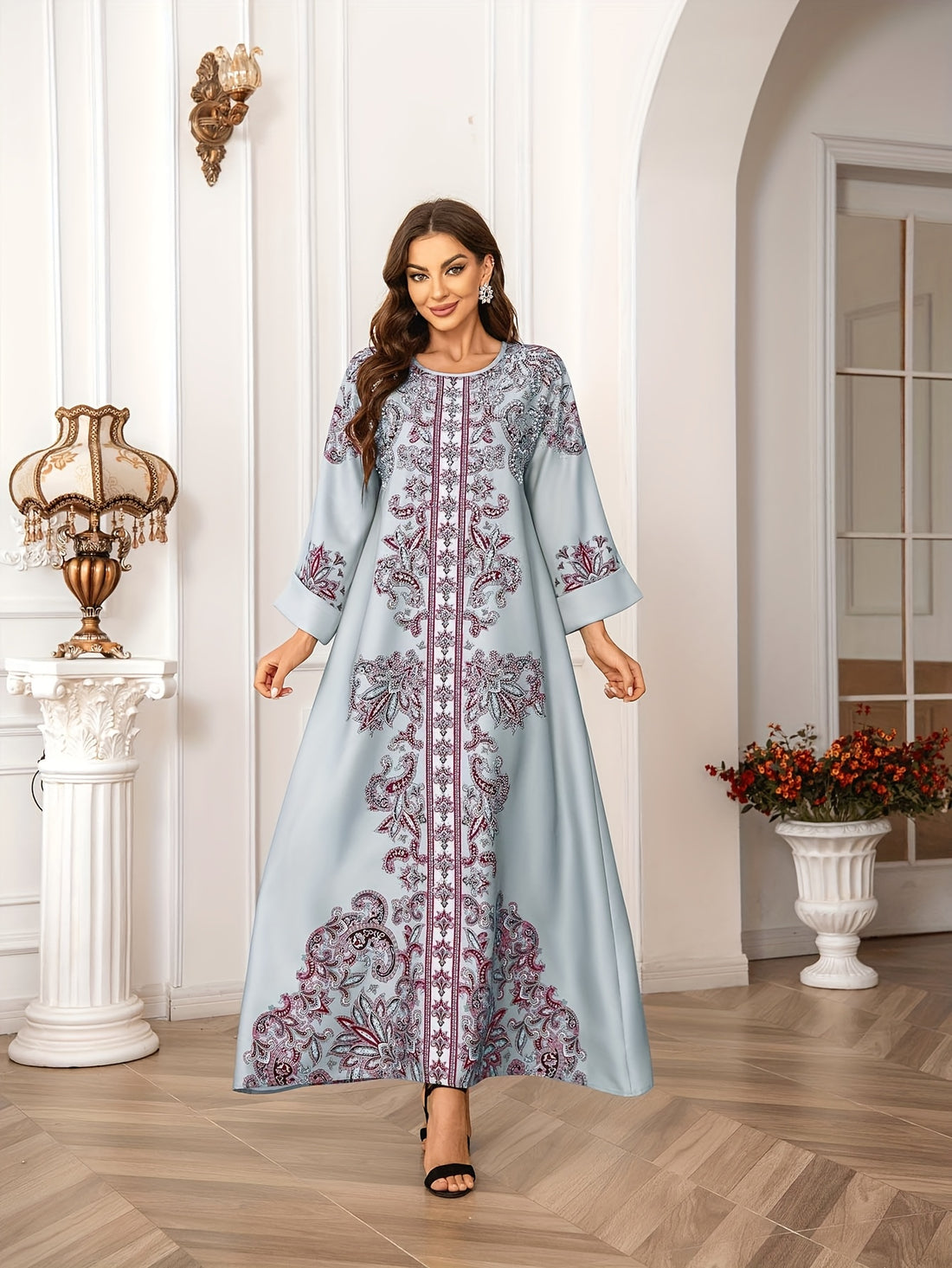 Women's Middle Eastern Abaya Jellabiya Dress - Floral Print Long Sleeve Elegant Traditional Robe with Lace Trim, All-Season Regular Fit Modest Dress for Casual & Formal Occasions, Decorative Trim Detailing