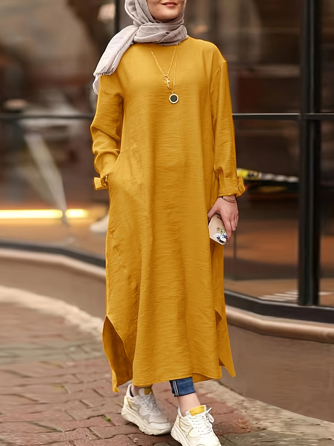 Solid Split Kaftan Dress, Modest Long Sleeve Maxi Dress '/MH