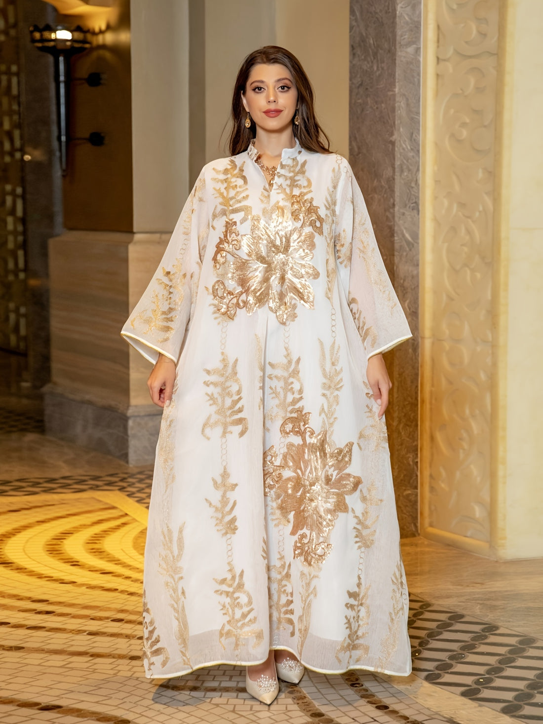 Ramadan Floral Pattern Notched Neck Kaftan Abayas, /MH