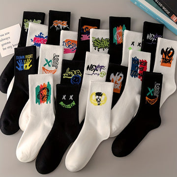 10 Pairs Graffiti Print Socks, Street Style Soft Unisex Mid Tube Socks For Fall & Winter, Women's Stockings & Hosiery