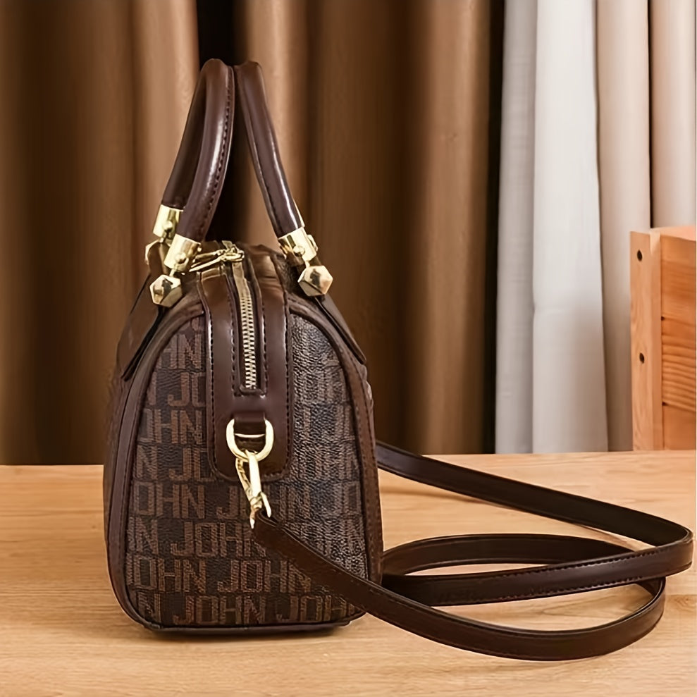 [Designer Boston Handbag] Large Capacity Designer-Inspired Boston Handbag for Women - Polyester Lined Shoulder Bag with Zipper Closure, Painted Edges, Fashionable Versatile Crossbody Purse