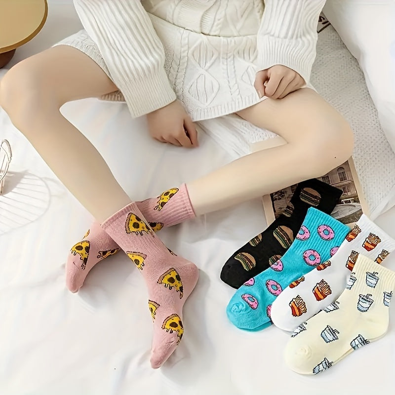 5 Pairs Cartoon Hamburger French Fries Pizza Cute Pattern Socks, Comfy & Breathable Mid Tube Socks, Women's Stockings & Hosiery