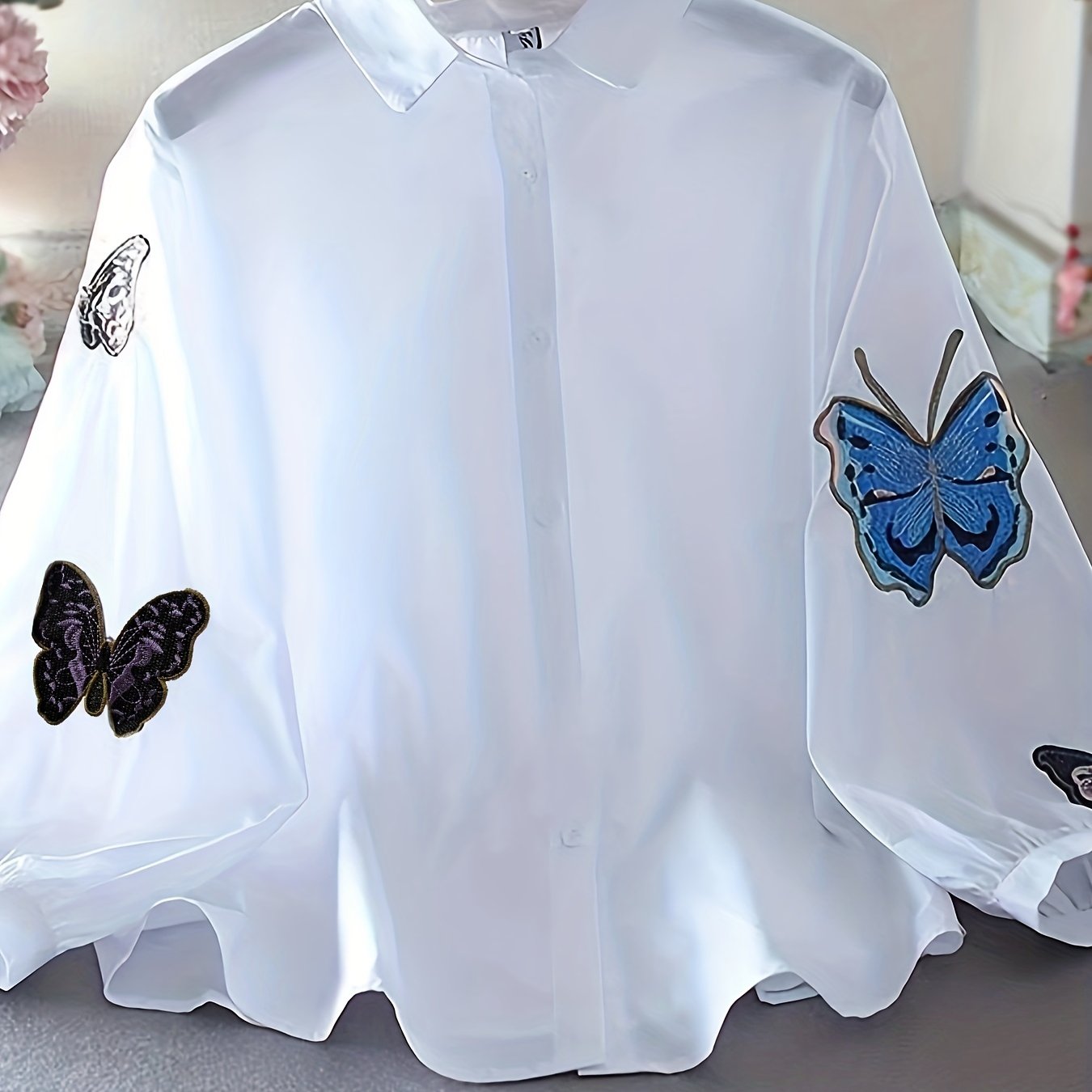Butterflies Print Shirt, Long Sleeve Button Up Casual Top.