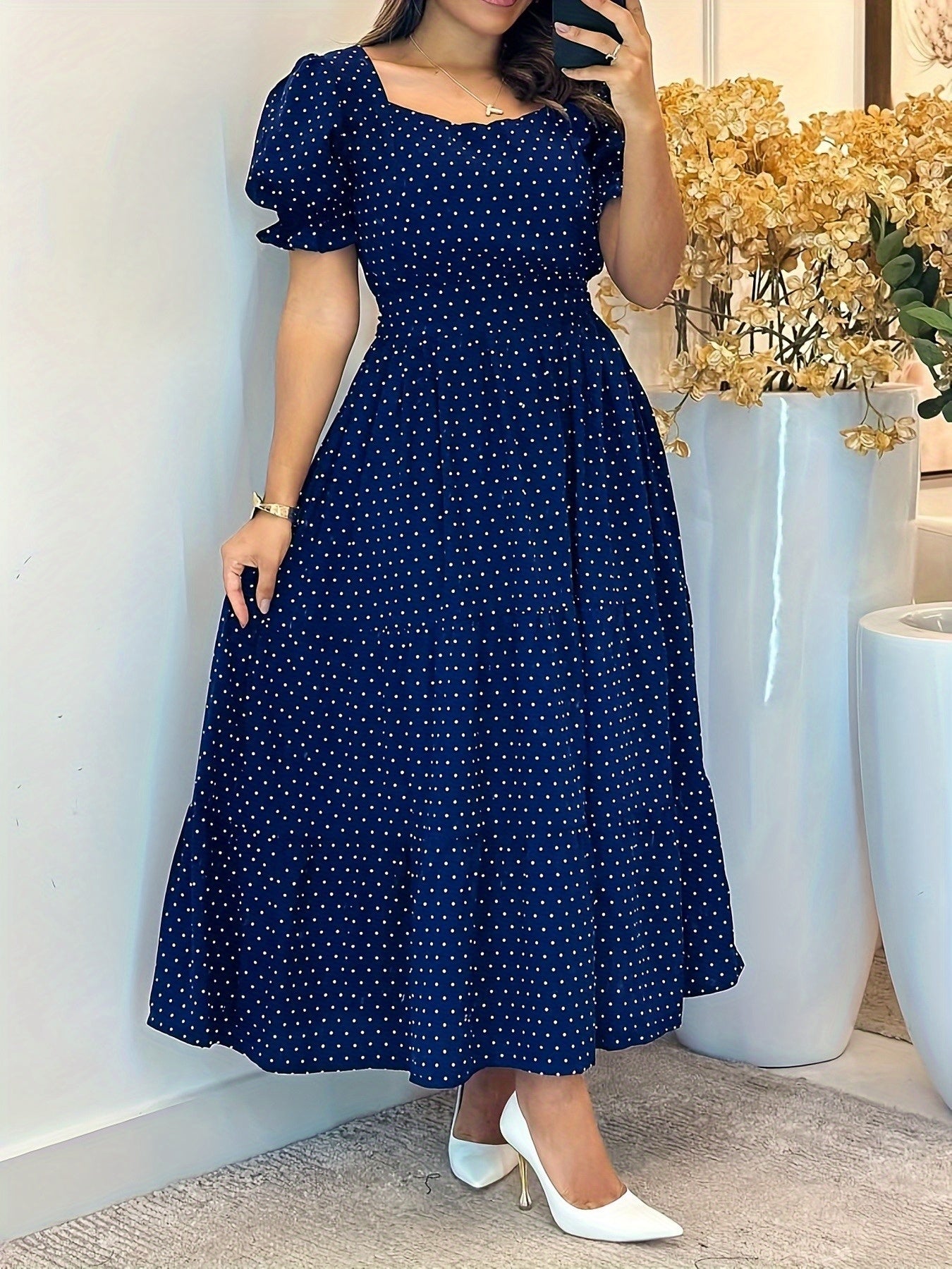 Women's Navy Blue & White Polka Dot Puff Sleeve A-Line Dress with Adjustable Waist Belt - Square Neck Casual Vacation Dress for Spring/Summer, Resort Wear, Casual Summer Dresses, Comfortable Heels