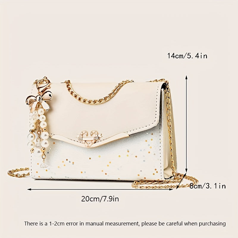 Fashion Polka Dot Beige PU Shoulder Bag with Tassel Charm, Urban Themed Flap-Over Crossbody with Buckle Closure and Metal Chain Strap, Lightweight Portable Handbag for Women, Ideal for Shopping, Office, University, Travel, Ca