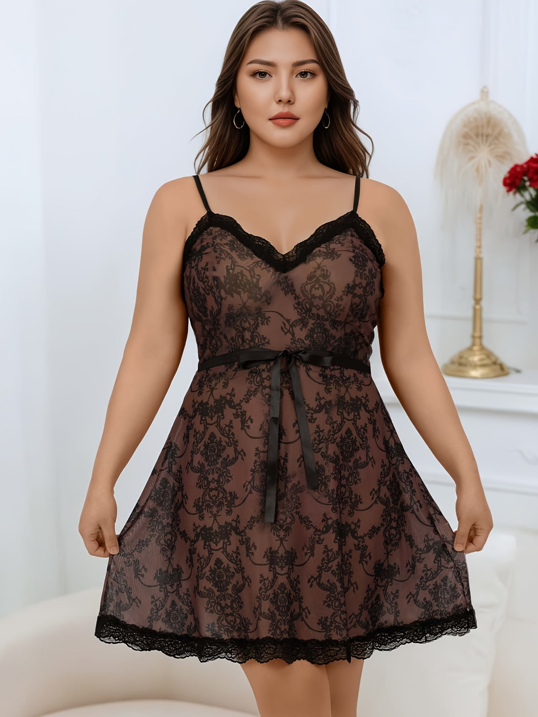 Plus Size Women's Contrast Lace Spaghetti Suspender Dress