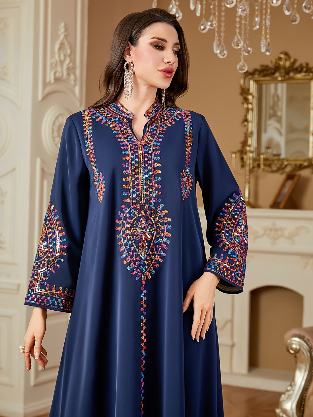 Elegant Long Sleeve Maxi Dress with Sequin Detail - Green, Stand Collar, Geometric Pattern, Non-Stretch Fabric, All-Season Wear, Traditional Attire|Sequin Detail Dress|Traditional Design