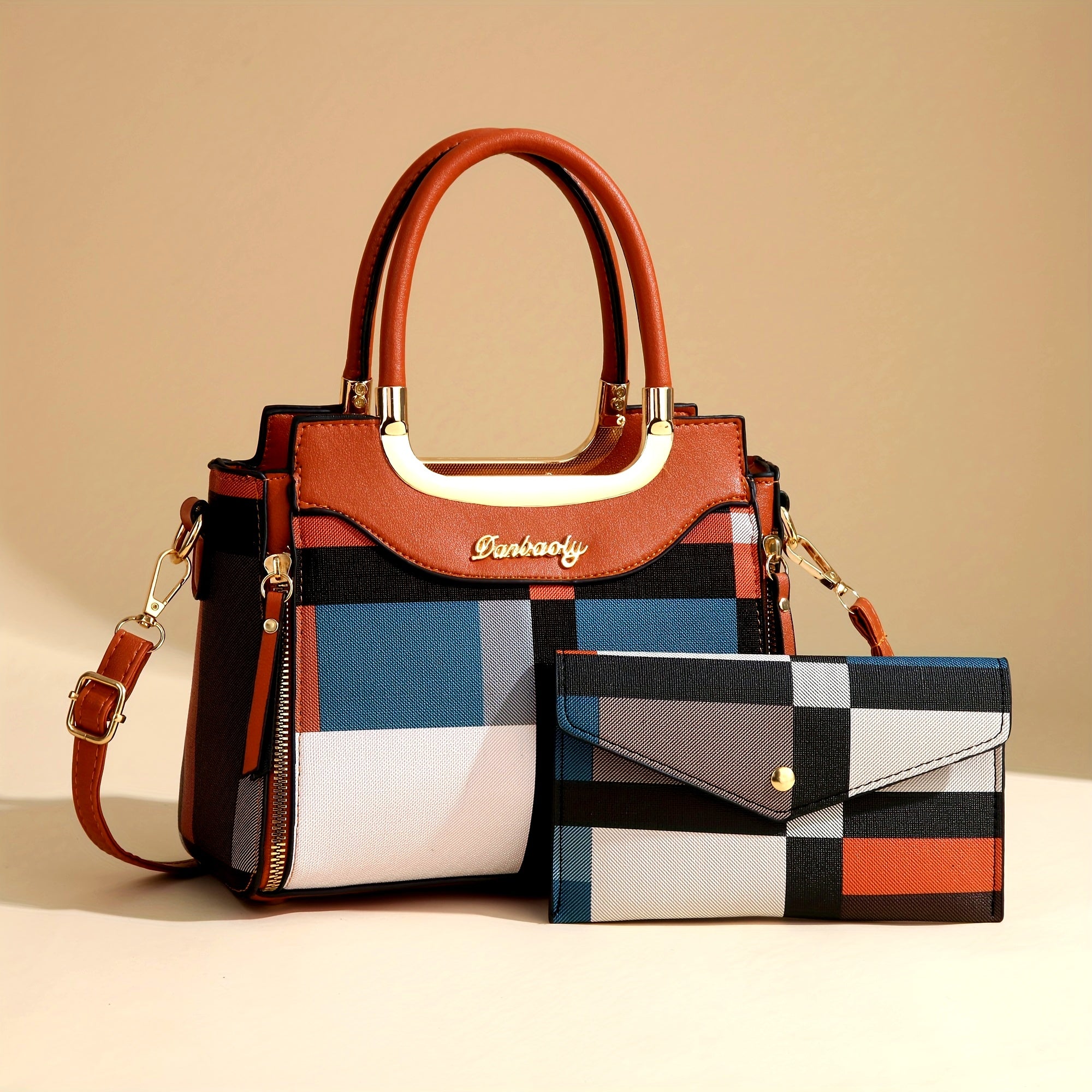 CHROSGEKEIDI Elegant Plaid Tote and Crossbody Bag Set, Large Capacity, with Adjustable Strap, Zipper Closure, Polyester Lined, for Women - Chic Gift for Mom and Family, Versatile Shoulder Bag|Chic Tote Bag Set| Bag, Cute Bag