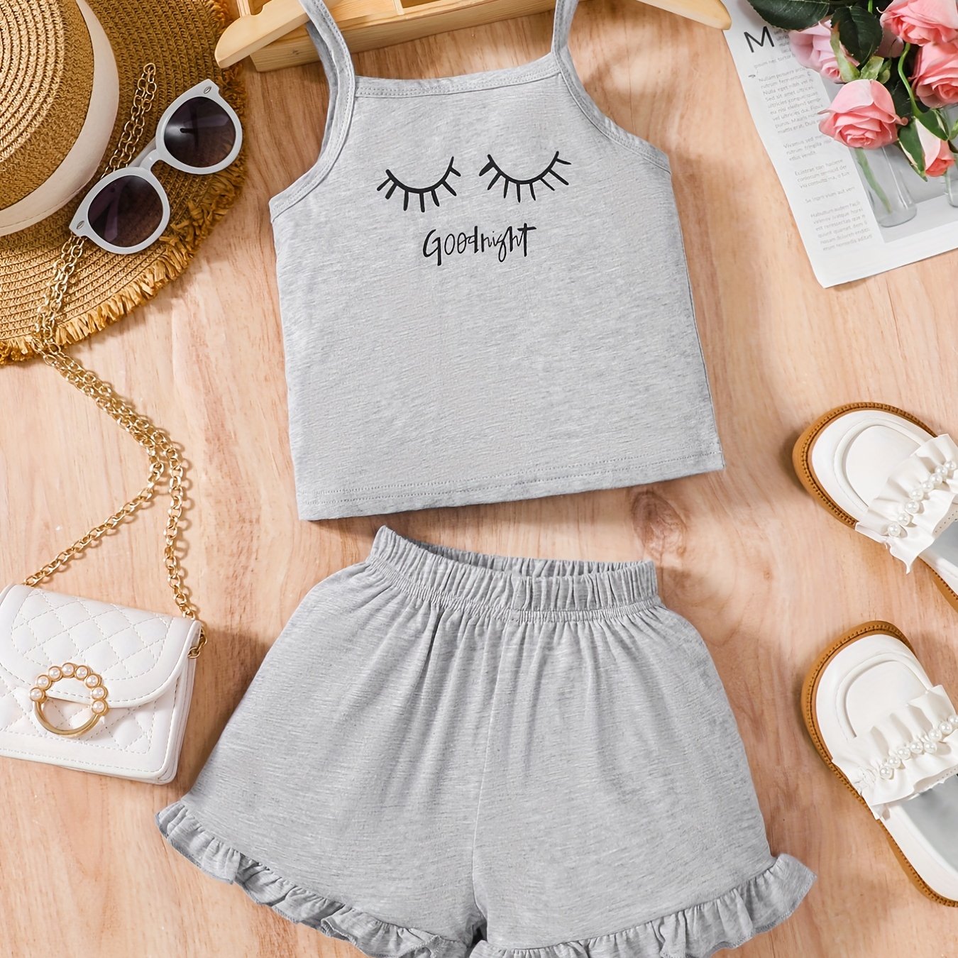 Girls Comfortable Outfit Eyelash Graphic Cami Top & Elastic Waist Ruffled Hem Shorts Set