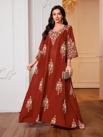 Ramadan Ethnic Floral Print Crew Neck Kaftan Dress, /MH