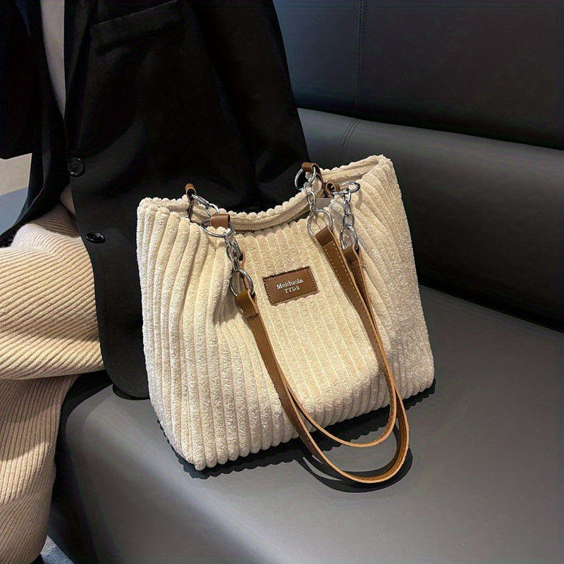 Corduroy Tote Bag For Women, Fashion Chain Shoulder Bag, Large Capacity Plush Handbag