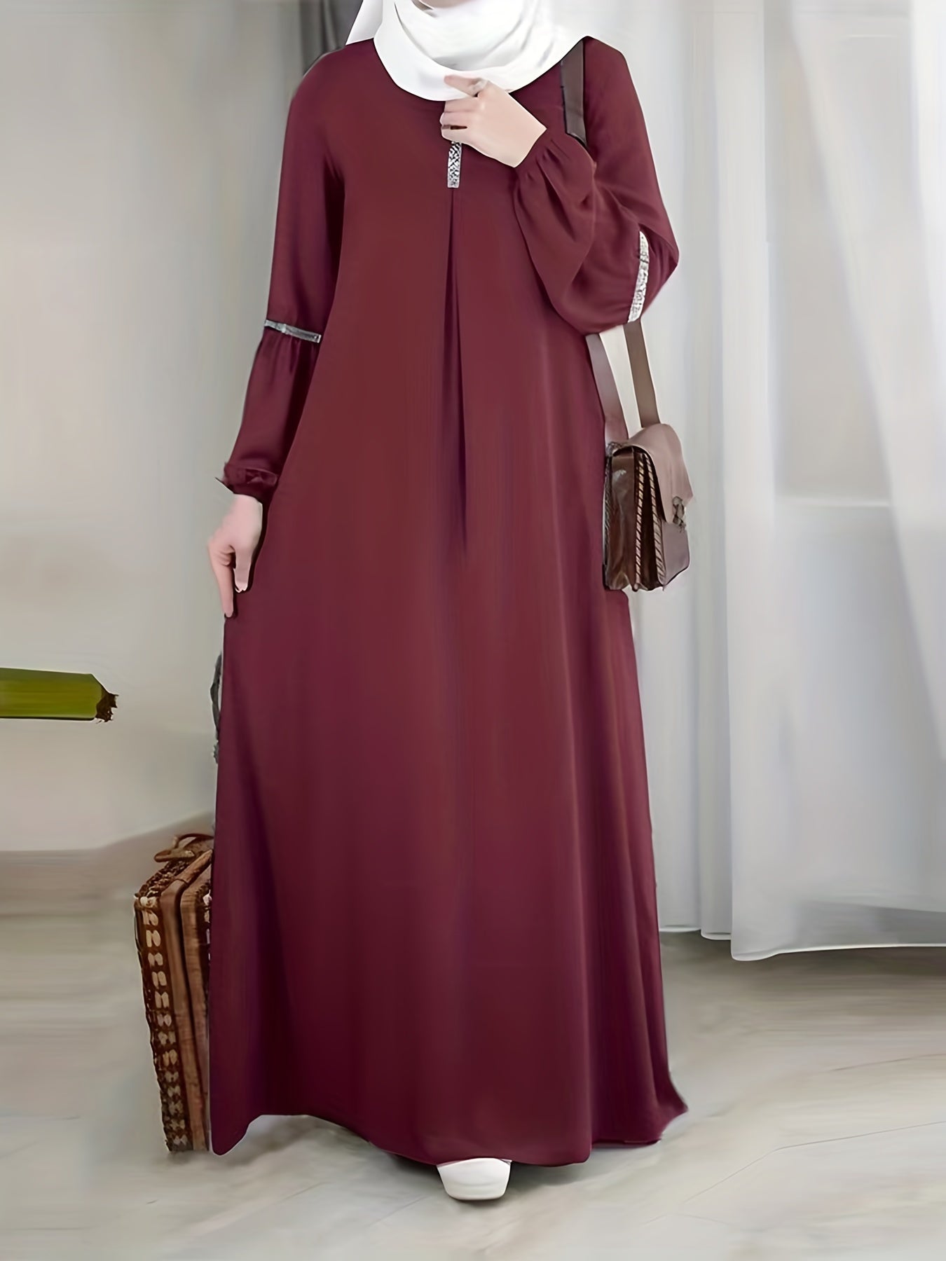 Crew Neck Lantern Sleeve Kaftan Dress, /MH
