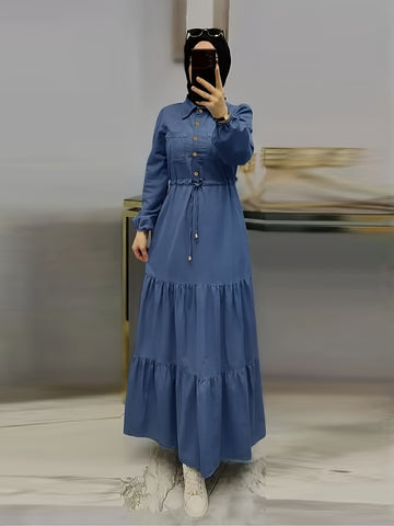 Long Sleeve Shirt Collar Modest Dress, Drawstring Waist Solid Abaya, ./MH