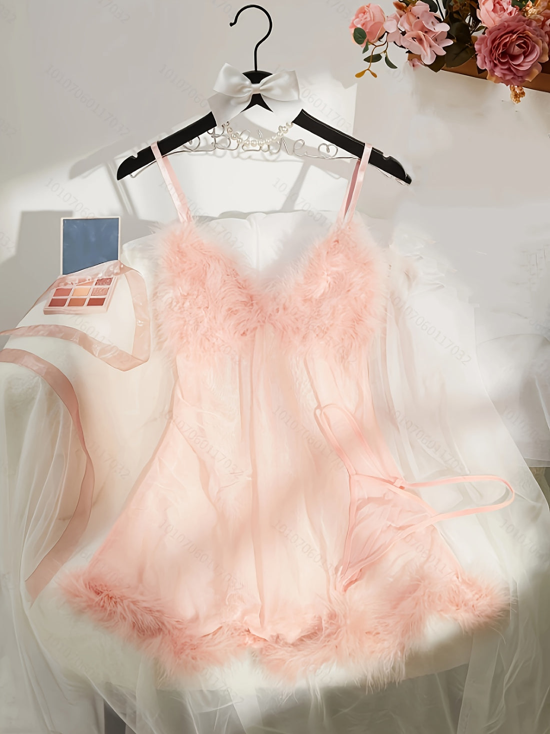Solid Fuzzy Trim Lingerie Set, Deep V Mesh Semi Sheer Dress & Thong, /MH