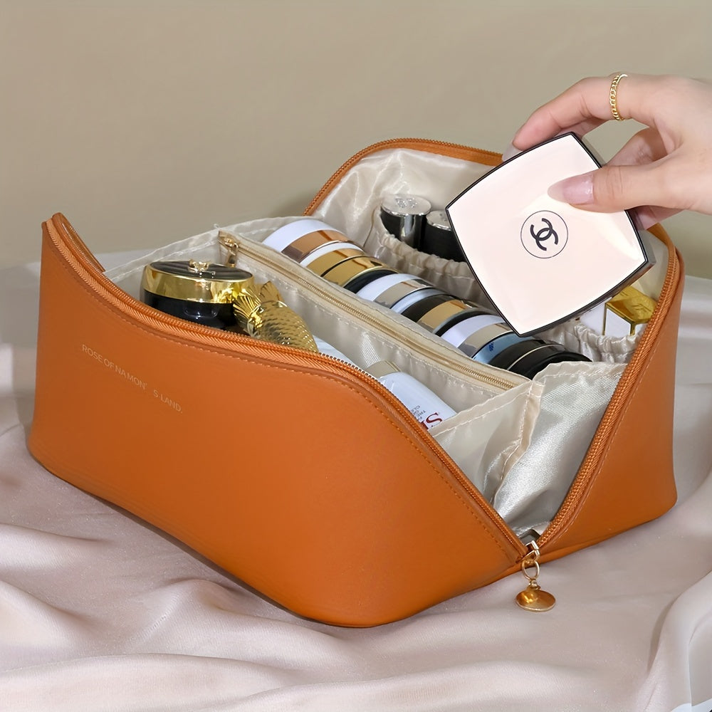 Travel Large Capacity Cosmetic Bag For Women, Portable Makeup Bag Pouch Open Flat Toiletry Bag, Make Up Organizer With Divider And Handle