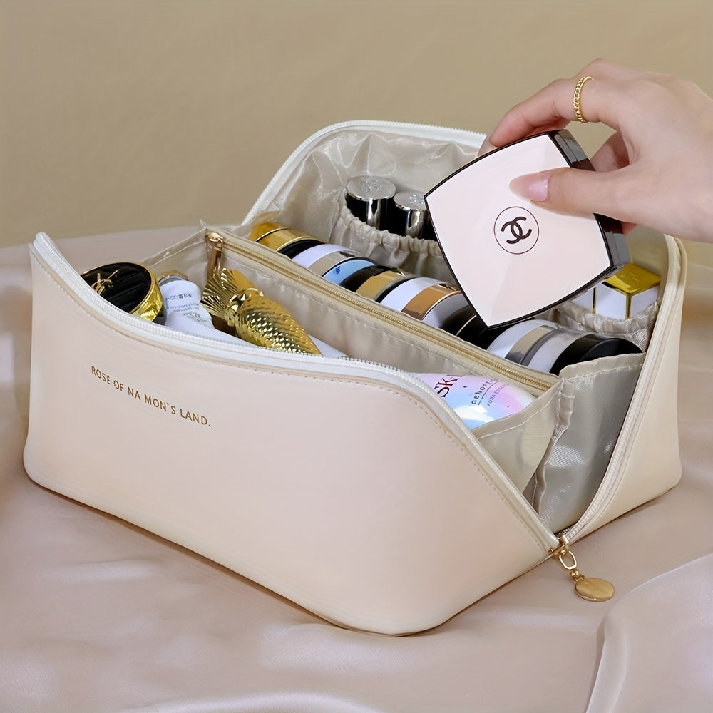 Travel Large Capacity Cosmetic Bag For Women, Portable Makeup Bag Pouch Open Flat Toiletry Bag, Make Up Organizer With Divider And Handle
