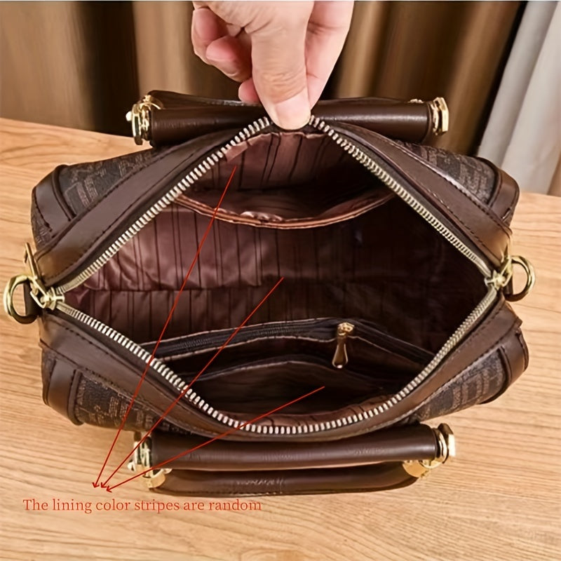 [Designer Boston Handbag] Large Capacity Designer-Inspired Boston Handbag for Women - Polyester Lined Shoulder Bag with Zipper Closure, Painted Edges, Fashionable Versatile Crossbody Purse