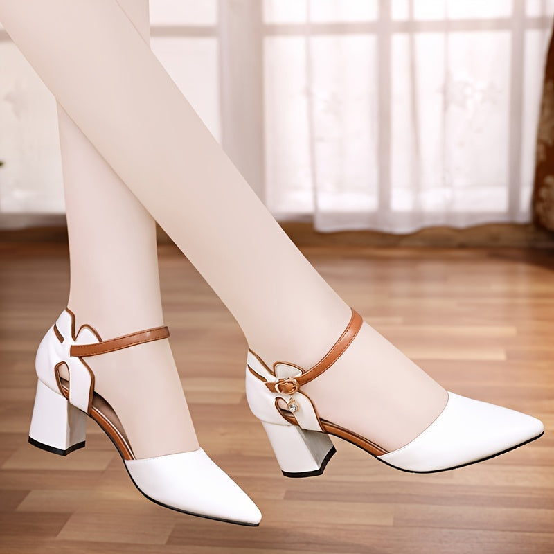 [Summer Block Heel High-Shoes] Women's Summer Fashion Block Heel, Buckle Strap Closed Toe High-Heel Shoes, Elegant Point Toe Dress Pumps