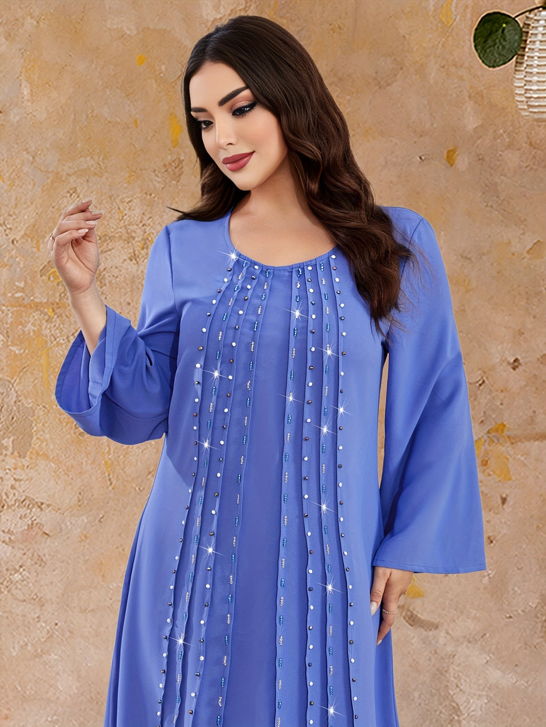 Bead Decor Crew Neck Kaftan Dress, Elegant Long Sleeve'/MH