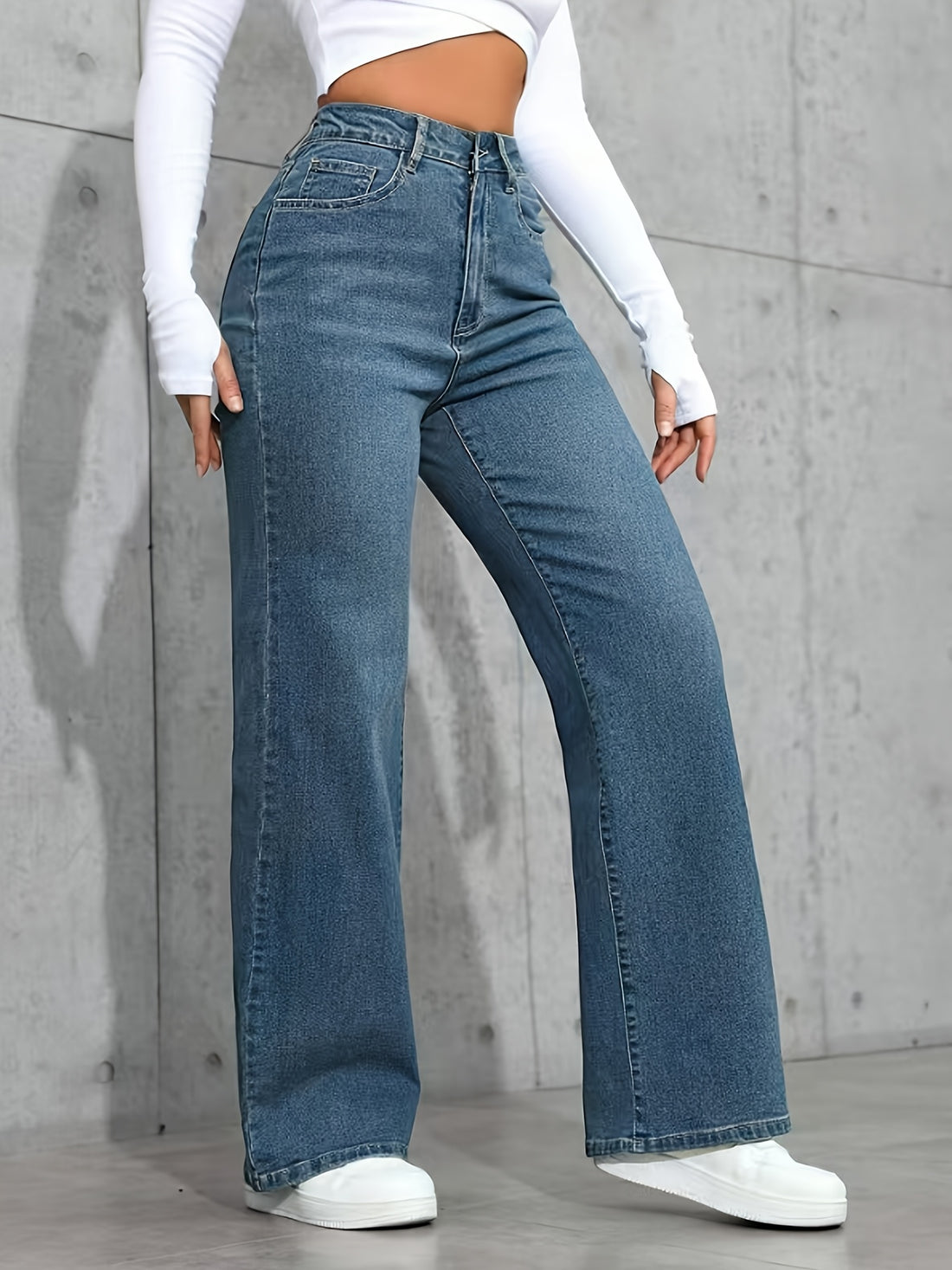 Fashion versatile blue high-waisted stretchy loose straight-leg Women's denim trousers./MH