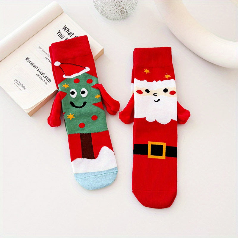 Cozy Magnetic Hand-Holding Christmas Socks for Couples - Cute & Warm Mid-Calf, Red Knit Polyester