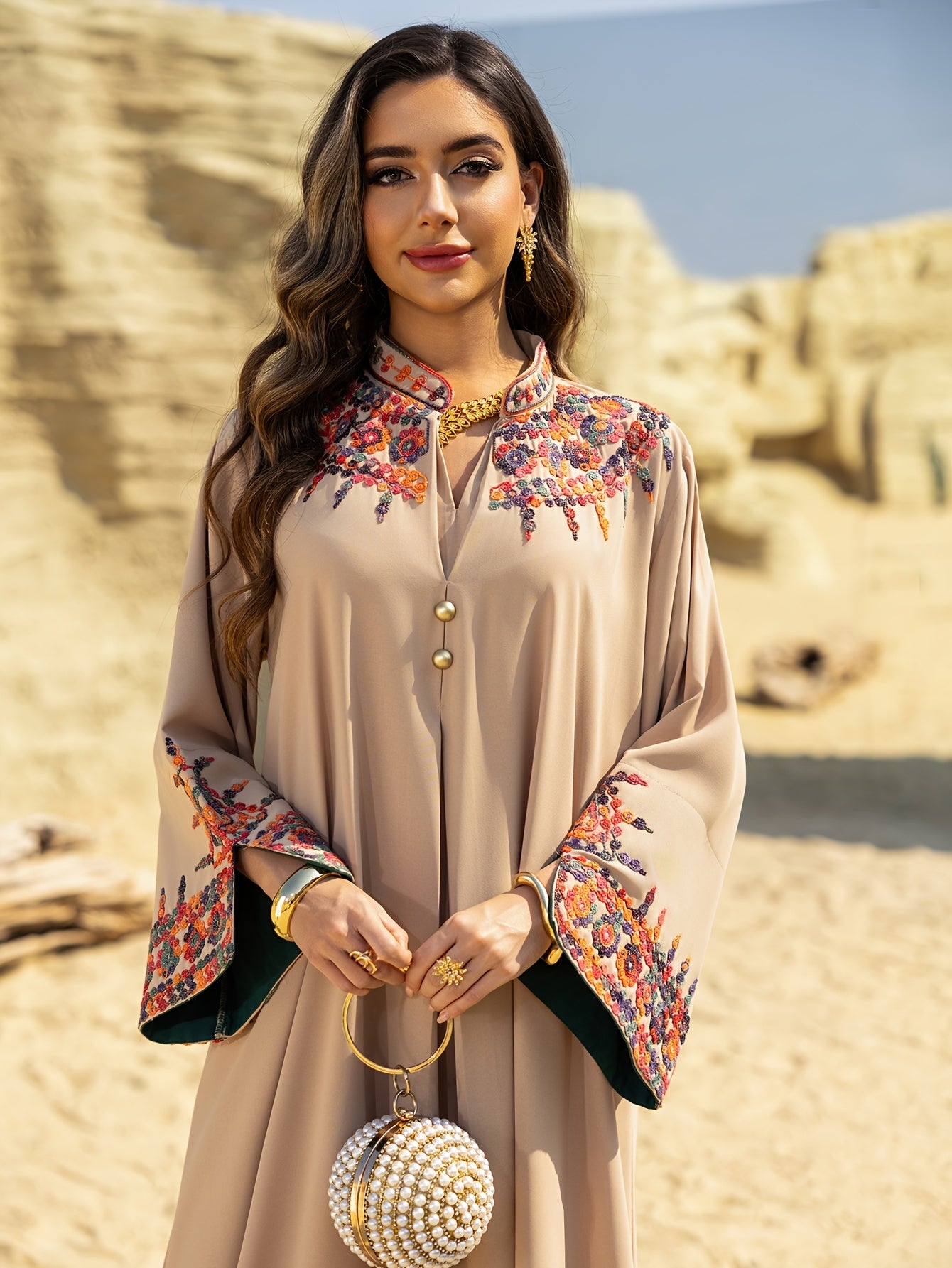 Elegant Jalabiya Dress for Muslim Women - Beige with Intricate Embroidery, Long Sleeve, Casual Style, All-Season Wear, Embroidered Dress | Elegant Jalabiya | Embroidered Dress