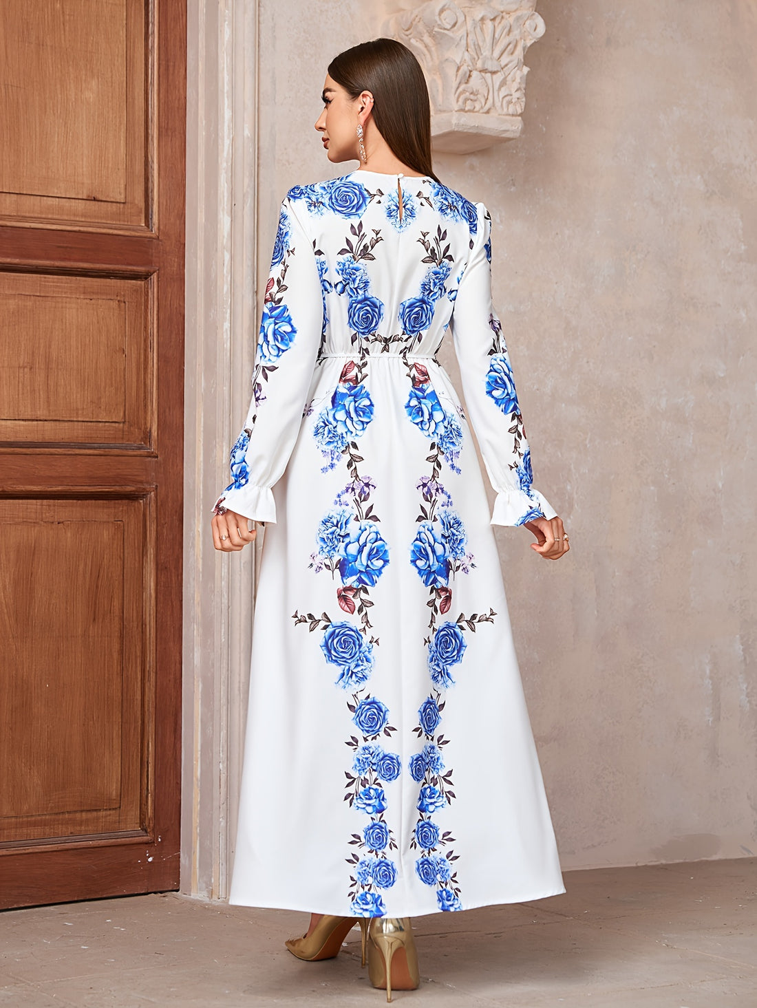Floral Print Crew Neck Kaftan Dress, Elegant women fashion'/MH