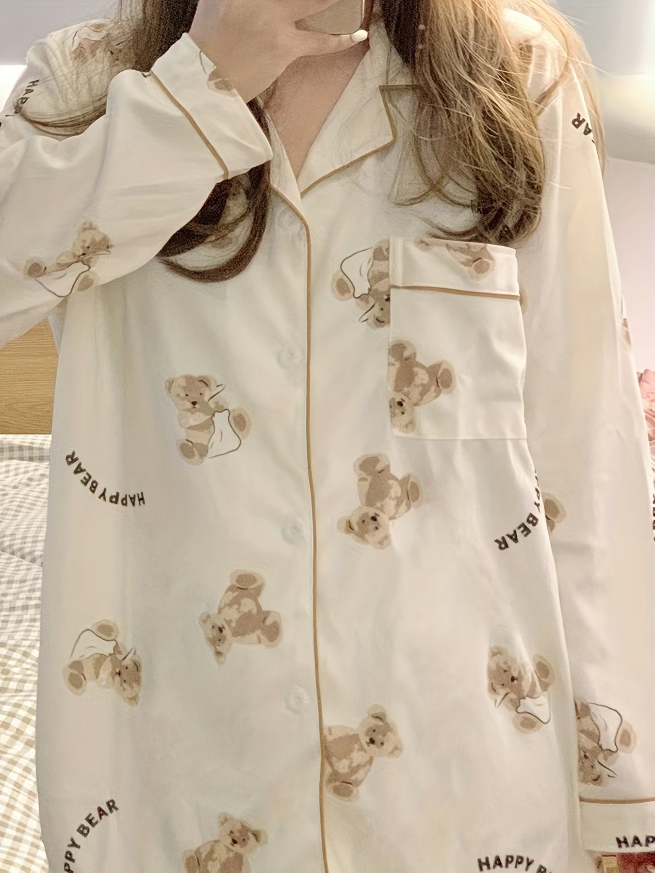 Cartoon Bear Print Pajama Set, /MH
