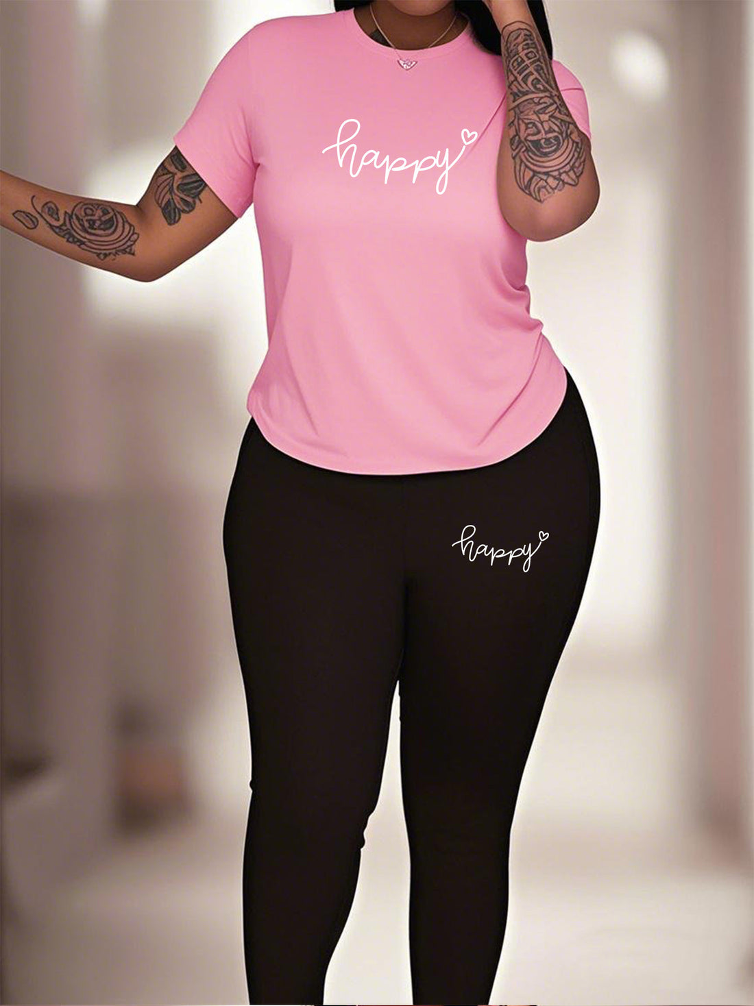 Summer Women'S Large Size Letter Print Sports Casual Two-Piece Suit, Black Short-Sleeved Round Neck T-Shirt And Slim High Waist Trousers, 7 Colors Optional, Machine Washable