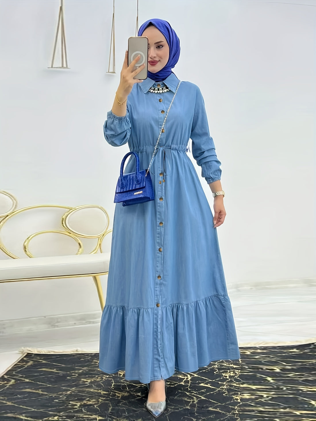 Solid Button Front Kaftan, Casual Long Sleeve Ruffle Hem Dress Without Hijab, /MH