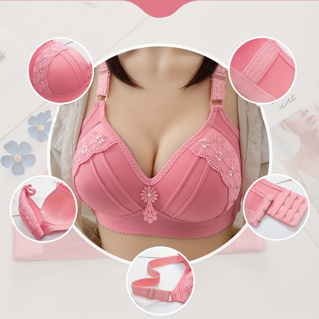 Women'S Floral Push-Up Bra - Sexy Lingerie with Rhinestone Details, /MH